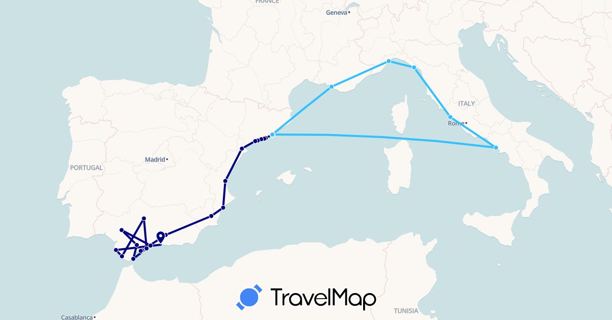TravelMap itinerary: driving, boat in Spain, France, Gibraltar, Italy (Europe)
